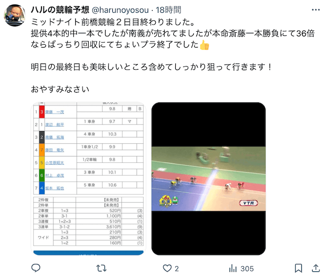 ハルの競輪予想　ツイッター　投稿例1