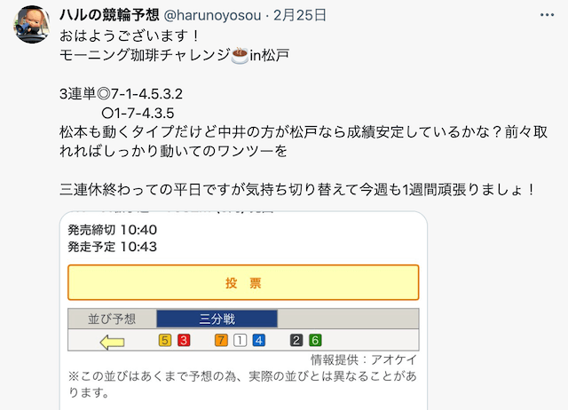 ハルの競輪予想　ツイッター　投稿例3