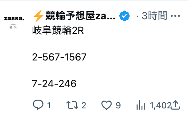 競輪予想zassa　ツイッター　投稿例2